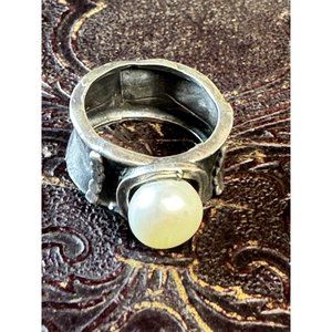 Vintage Modernist Yam Michal Israel Sterling Silver Pearl Ring 925 Size 6.5